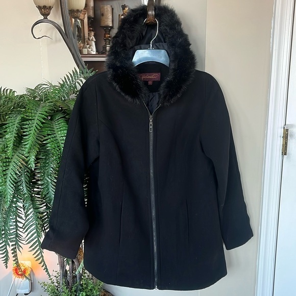 NWOT Hal Rubenstein Black Zippered Jacket Hood w/ Faux Fur Trim Winter Coat - Picture 2 of 14